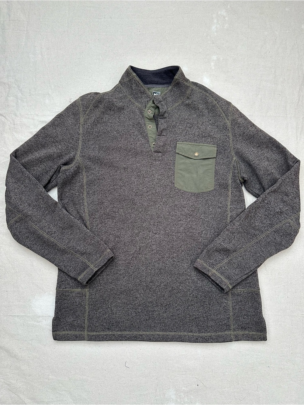 REI Co-op Men's Snap Neck Pullover Fleece Heathered Gray Olive Green Size Large